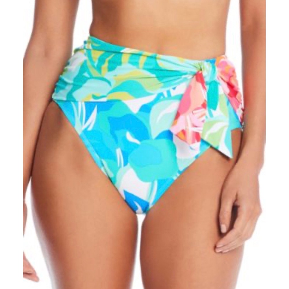 Bleu Rod Beattie Lets Get Tropical High Waist Side Tie Bikini Bottom Blue 12 NEW